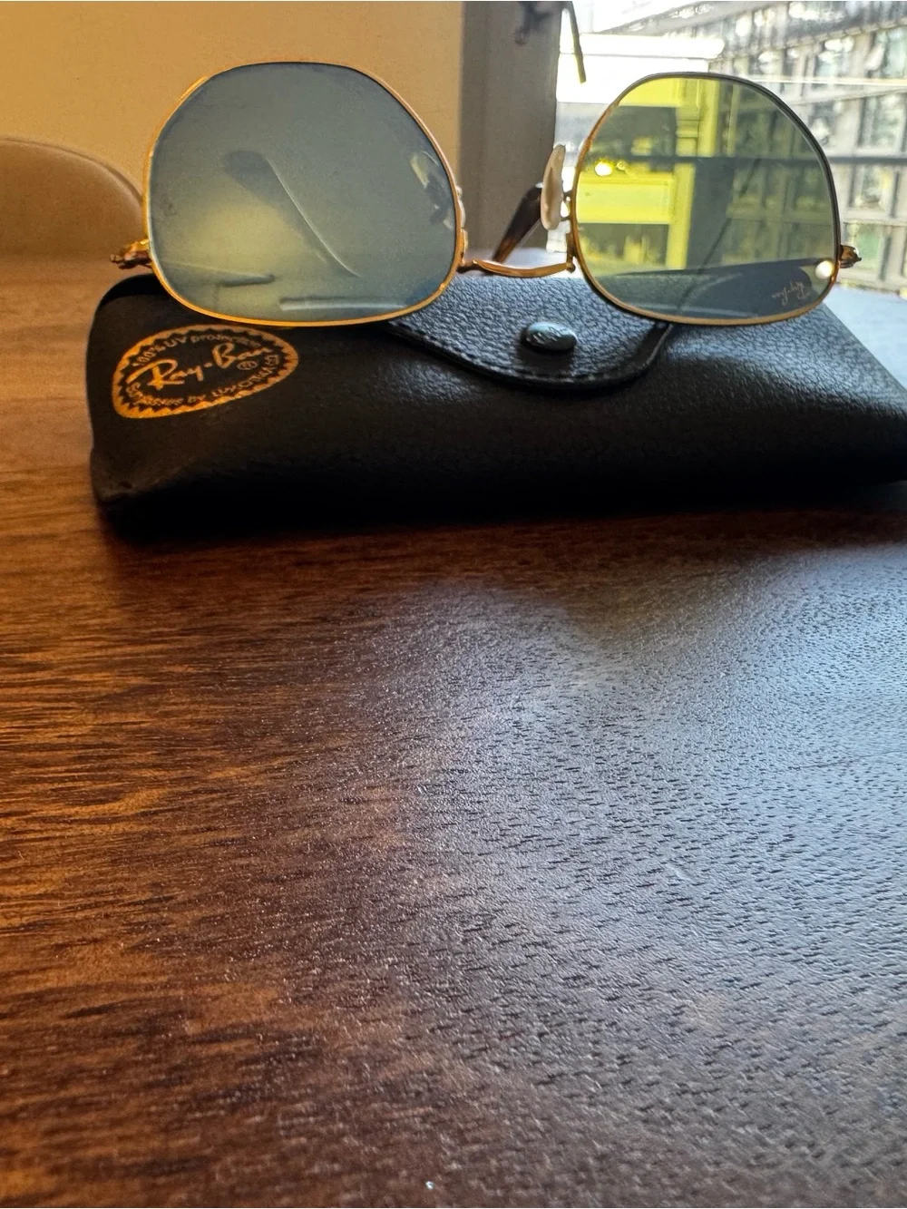 Ray-Ban Gold Frame Sunglasses with Blue Lenses